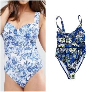 Asos Swim Blue White Purple Green Bustier One Piece Floral Tropical Swimsuit